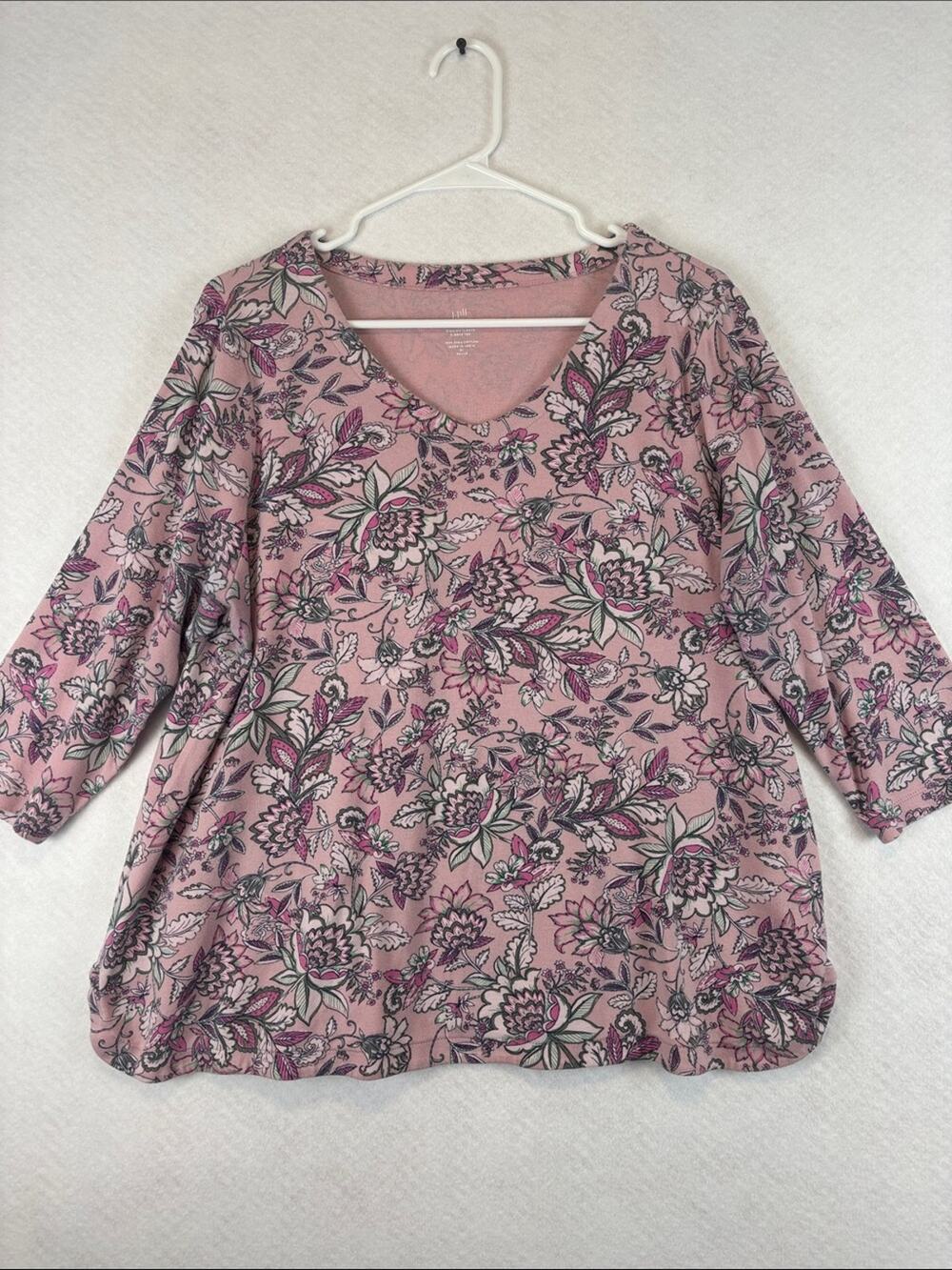 J. Jill Pima Cotton Floral V-Neck Tee XL Petite Pink Cottagecore Boho Top Casual